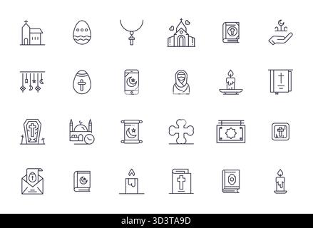 Rivoluzionario set di icone vettoriali allineate a 24 pixel ispirate ai religiosi, creato in formato Bold Line con risoluzione Retina Ready per un design all'avanguardia Illustrazione Vettoriale