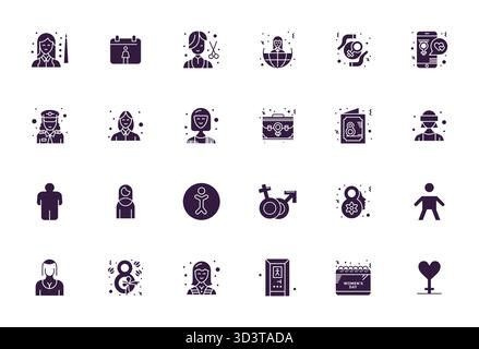 Una raccolta pulita di 24 icone vettoriali piene che rappresentano le donne, progettate in formato 128x128 pixel allineato per dashboard e interfacce moderne. Illustrazione Vettoriale