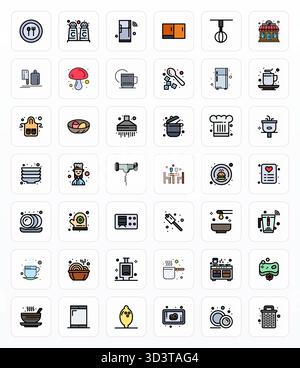 Pacchetto strategico con 42 icone vettoriali che rappresentano la cucina in formato linea riempita, ottimizzato con 128x128 PIXEL qualità perfetta per i professionisti Illustrazione Vettoriale