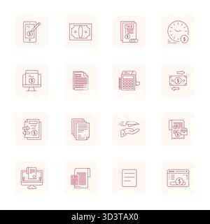 Esplora 16 icone vettoriali allineate con pixel in profilo sottile nella risoluzione Retina Ready ispirata alla fattura. Perfetto per interfacce Web e app. Illustrazione Vettoriale