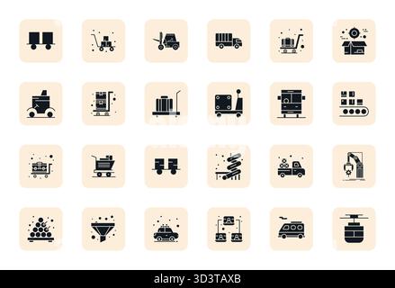 Pacchetto strategico con 24 icone vettoriali che rappresentano il trasporto in formato riempito, ottimizzato con qualità modificabile 256x256 per un flusso di lavoro professionale Illustrazione Vettoriale