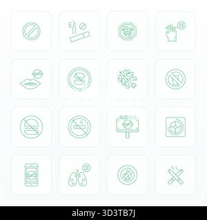 Pacchetto raffinato con 16 icone vettoriali Thin Line per proibizione, ottimizzato con qualità modificabile 256x256 per una soluzione di design elegante e funzionale Illustrazione Vettoriale