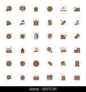 Collezione artigianale con 36 icone vettoriali piene per la riduzione dei prezzi, ottimizzata con risoluzione 256x256 modificabile per esperienze digitali di livello superiore. Illustrazione Vettoriale