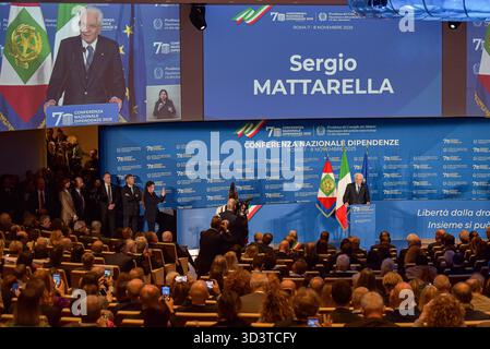 Roma, Italia. 7 novembre 2025. Il Presidente italiano Sergio Mattarella interviene durante la sessione di apertura della Conferenza Nazionale sulle dipendenze presso il centro congressi Auditorium della tecnica. Credito: SOPA Images Limited/Alamy Live News Foto Stock