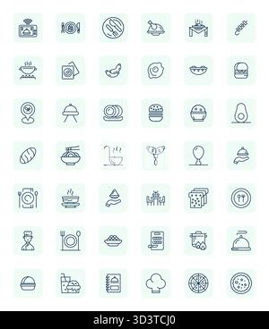 Set di 42 icone vettoriali Bold Outline Pixel regolari ottimizzate a tema Meal, realizzate con risoluzione 128x128 per una perfetta integrazione in applicazioni e Web Illustrazione Vettoriale