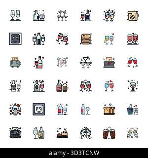 Confezione essenziale di 36 icone vettoriali perfette per toast in formato a linea piatta riempito, dimensioni 128x128 per prestazioni e scalabilità ottimali. Illustrazione Vettoriale