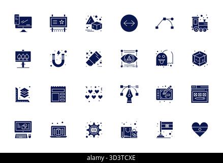 Scopri un set di 24 icone vettoriali piene create per il tema grafico, con display ad alta risoluzione, design perfetti per l'interfaccia utente/UX moderna Illustrazione Vettoriale
