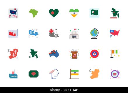 Pacchetto completo con 24 icone vettoriali in design piatto per politica, con una qualità perfetta di 128 x 128 PIXEL. Illustrazione Vettoriale