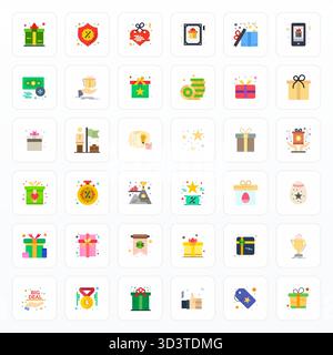 Una raccolta pulita di 36 icone vettoriali piatte che rappresentano Bonus, progettate in formato ottimizzato 128x128 pixel per dashboard e interfacce moderne. Illustrazione Vettoriale