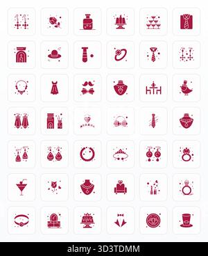 Un set dinamico di 42 icone vettoriali in glifo, personalizzato per eleganza con qualità allineata a 64 x 64 pixel, adatto per i prodotti digitali. Illustrazione Vettoriale