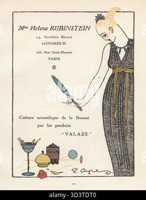 Pubblicità per Madame Helena Rubinstein Cosmetics. Donna alla moda in abito lungo che guarda se stessa in uno specchio per le mani. Bottiglie per trucco e profumi della gamma Valaze in primo piano. Litografia con pocoro a colori (stencil) di E. Ayres dalla Gazette du Bon Ton di Lucien Fogel, maggio 1914. Foto Stock