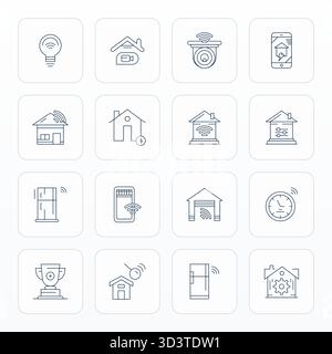 Questo set di 16 icone vettoriali Thin Line cattura i temi Smart Home con la qualità perfetta DEI PIXEL Retina Ready, perfetta per applicazioni tecnologiche e aziendali. Illustrazione Vettoriale
