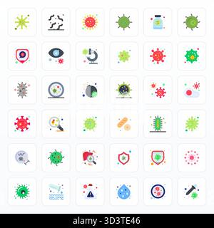 Collezione professionale di 36 icone vettoriali piatte che rappresentano Microbe, realizzate con precisione modificabile 256x256 per applicazioni aziendali. Illustrazione Vettoriale