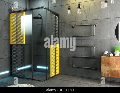 Moderno bagno industriale. Elegante doccia in vetro con struttura in metallo nero e pannelli di accento gialli contro pareti in cemento. illustrazione 3d. Foto Stock