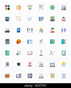 Pacchetto raffinato con 42 icone vettoriali piatte per l'istruzione, ottimizzato con qualità Editable 64 x 64 per soluzioni di progettazione eleganti e funzionali. Illustrazione Vettoriale