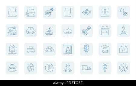 Pacchetto all'avanguardia con 28 icone vettoriali modificabili ispirate all'Automobile, creato in formato Thin Outline a 64 x 64 per interfa di nuova generazione Illustrazione Vettoriale