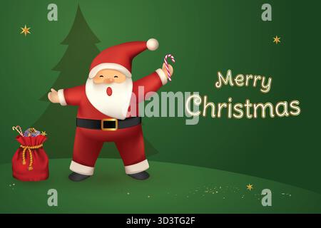Natale Babbo Natale con borsa di scatola regalo su sfondo verde. Realistico personaggio dei cartoni animati 3D. Illustrazione di Merry Christmas Vector. Illustrazione Vettoriale