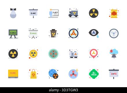 Raccolta ad alte prestazioni di 24 icone vettoriali piatte per il nucleare, progettata con risoluzione perfetta di 256x256 PIXEL per un design ottimale dell'interfaccia utente. Illustrazione Vettoriale