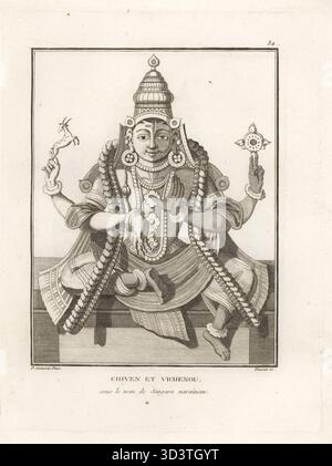 Gli dei indù Shiva e Vishnu si unirono sotto il nome di Shankara Narayana. La figura è metà bianca e metà blu. Chiven et Vichenou sous le nom de Sangara Narainem. Incisione su copperplate di Jean-Baptiste Marie Poisson dopo un'illustrazione di Pierre Sonnerat dal suo Voyage aux Indes Orientales et à la Chine (viaggio nelle Indie Orientali e Cina, Dentu, Parigi, 1806. Foto Stock