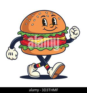Happy Vintage Cartoon Hamburger Mascot passeggiando con fiducia, perfetto per il marchio retro Fast Food Restaurant. Illustrazione Vettoriale