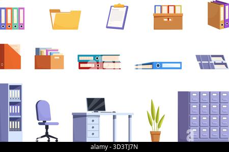 Icone di uffici isolati. Documenti, documenti, vari supporti e cartelle. Scaffali per cartoni animati, scrivania e comoda sedia. Scatola e cartella di cartone, sapid vect Illustrazione Vettoriale