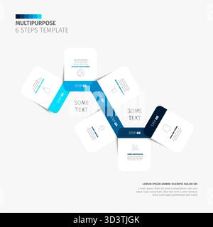 Un moderno modello infografico multifunzione con un nastro a 6 fasi in tonalità blu. Questa infografica versatile è perfetta per presentazioni e. Illustrazione Vettoriale