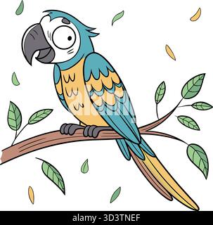 Colorato pappagallo di cartoni animati seduto su un ramo d'albero Illustrazione Vettoriale