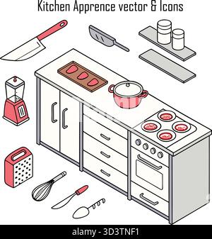 Modern Kitchen Apparel Collection: Grembiuli, fuochi da forno e cappelli da chef Illustrazione Vettoriale