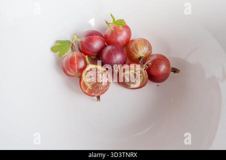 diverse uva spina matura disposte in una ciotola bianca. Una bacca viene tagliata a metà, rivelandone la polpa e i semi. Lo sfondo è una ciotola bianca e pulita Foto Stock