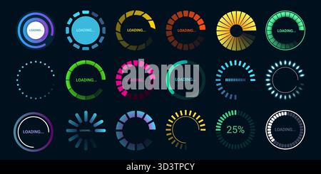 Pale caricatrici circolari. Icone dei cartoni animati con barra di caricamento rotonda, futuristico download Web al neon livello di animazione spinner tempo di avanzamento caricamento aggiornamento digitale al neon indicato Illustrazione Vettoriale