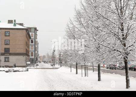 Una strada cittadina in una nevicata, alberi innevati lungo la strada, ma le auto guidano lungo la strada, i pedoni si muovono su marciapiedi innevati, il tempo è Foto Stock