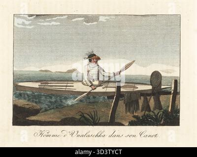 Uomo di Unalaska nella sua canoa. In visiera con piume, tenendo una pagaia, seduta in una canoa coperta di pelle di mare con un cerchio per la pelle per mantenerla impermeabile. Dopo un'illustrazione di John Webber in Captain James Cook's First Voyage, 1773. Homme d'Unalaschka dans Son Canot. Incisione in rame colorata a mano da Moeurs et Coutumes des Peuples ou Collection de Tableaux représentant les usages remarquables, les mariages, funérailles, supplices et fêtes des diverses Nations du monde, Manners and Customs of Peoples, Veuve Hocquart, Parigi, 1811. Foto Stock
