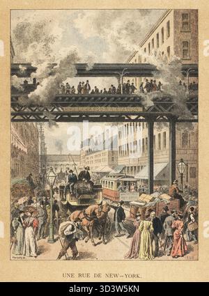 Scena di strada a New York, XIX secolo. Une rue de New York. I passeggeri attendono sulla piattaforma di una stazione ferroviaria sopraelevata di New York. La strada sottostante è affollata da tram, pullman, vagoni merci e acquirenti alla moda. Vapore e fumo emergono dai treni. Cromolitografia di Charaire dopo un'illustrazione di Frederic Lix da Les Peuples de la terre di Charles Delon, Peoples of the Earth, Parigi, 1890. Foto Stock