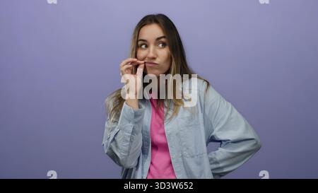 La giovane donna bionda compie un gesto silenzioso in modo giocoso su uno sfondo viola isolato, esprimendo segretezza e umorismo con una mano sottile moti Foto Stock