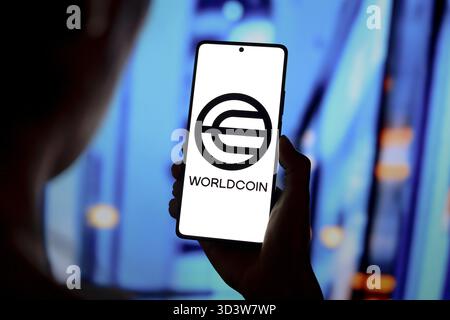 12 settembre 2024, Paraguay. In questa immagine, il logo Worldcoin viene visualizzato sullo schermo di uno smartphone Foto Stock