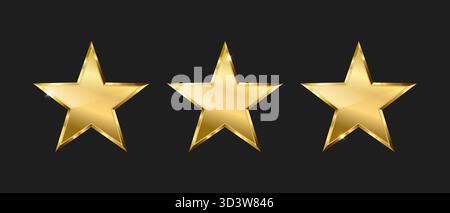Tre stelle dorate su sfondo scuro, classificazione delle icone delle stelle dorate, concetto di qualità superiore, illustrazione vettoriale Illustrazione Vettoriale