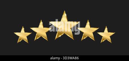 Cinque stelle dorate su sfondo scuro, classificazione delle icone delle stelle dorate, concetto di qualità superiore, illustrazione vettoriale Illustrazione Vettoriale