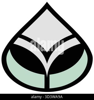 Calmo logo vettoriale organico di una goccia d'acqua stilizzata che si fonde con una foglia, una tavolozza di verde chiaro e verde verde chiaro, design minimalista e piatto, isolato su bianco. Illustrazione Vettoriale