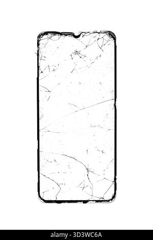 Protezione dello schermo in vetro temprato rotta rimossa dallo smartphone, isolata in bianco. Accessorio di protezione per dispositivi mobili Foto Stock
