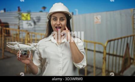 Ingegnere donna che tiene in mano un drone bianco e punta il dito indice verso la costruzione di barriere con elmetto visibile; eccitazione innovazione. Foto Stock