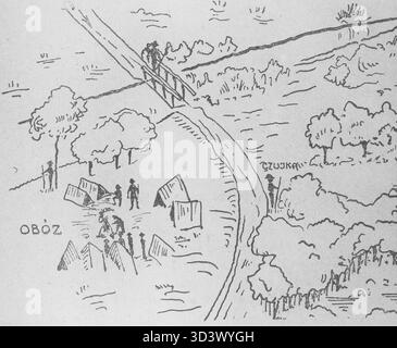Illustrazione da 'Obozownictwo', un libro di Stanislaw Gibess pubblicato nel 1924. Rappresenta la vita di scouting polacca, comprese le attività del campo e l'educazione all'aria aperta. Foto Stock