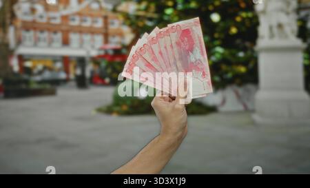Mano maschile che tiene in mano più banconote da 50 peso in un ambiente urbano all'aperto con sfondo urbano sfocato, enfatizzando i concetti valutari e finanziari. Foto Stock