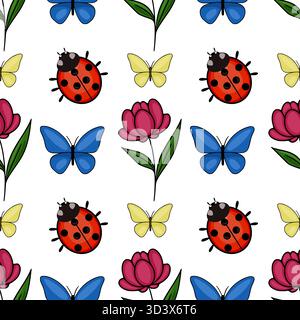 Motivo vettoriale senza cuciture caratterizzato da allegri coccinelle, farfalle blu vibranti, delicate farfalle gialle e fiori rosa in fiore contro un pulito Illustrazione Vettoriale
