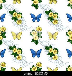 Fantasia vettoriale senza cuciture con farfalle blu e gialle stravaganti tra delicati fiori gialli di primrose e una sottile e astratta b macchiata blu Illustrazione Vettoriale