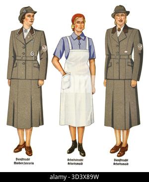 Il 1943 *Organisationsbuch der NSDAP* presenta uniformi RAD per la divisione giovanile femminile (RADwJ). Le illustrazioni mostrano l'abbigliamento di servizio per la Maidenführerin (leader femminile) e la Arbeitsmaid (lavoratrice). La RAD era un'organizzazione statale sotto il regime nazista focalizzata sul lavoro e sulle attività sociali. Foto Stock