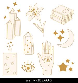 Set vettoriale di icone di linea astrologiche esoteriche in oro su bianco. Include cristalli, pila di libri, mano con occhio, occhio, luna crescente, stelle, giglio e candela Illustrazione Vettoriale