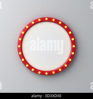 Insegne rotonde retrò o insegne luminose vuote con lampadine al neon gialle incandescenti isolate su sfondo bianco grigio a parete con rendering ombreggiato 3D. Foto Stock