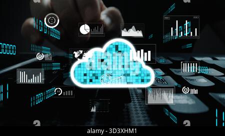 Un'illustrazione che illustra il concetto di cloud computing con grafici e grafici digitali, illustra l'analisi dei dati, le soluzioni tecnologiche e i moderni Foto Stock