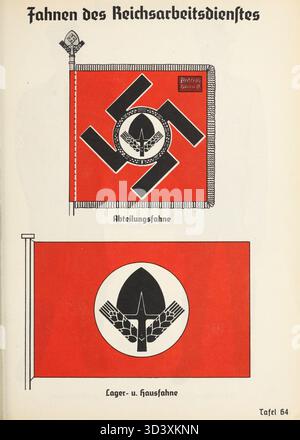 Questa immagine di 1936 NSDAP Organisationsbuch visualizza le bandiere del Reichsarbeitsdienst (RAD), inclusi gli indicatori di divisione e i flag di unità. LA RAD fu fondata nel 1935 e coinvolse giovani uomini in compiti di lavoro per lo stato, in seguito ampliandosi per includere le donne durante la seconda guerra mondiale nel 1939. Foto Stock
