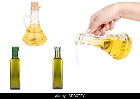 Olio d'oliva impostato su sfondo bianco isolato. Foto Stock